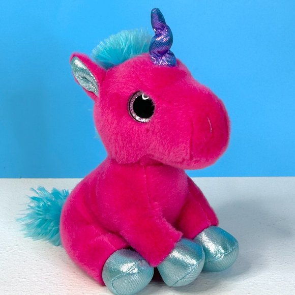 Aurora‎ Dark Hot Pink Turquoise Sparkle Eyes Unicorn 7" Plush Stuffed Animal Toy - Picture 1 of 5